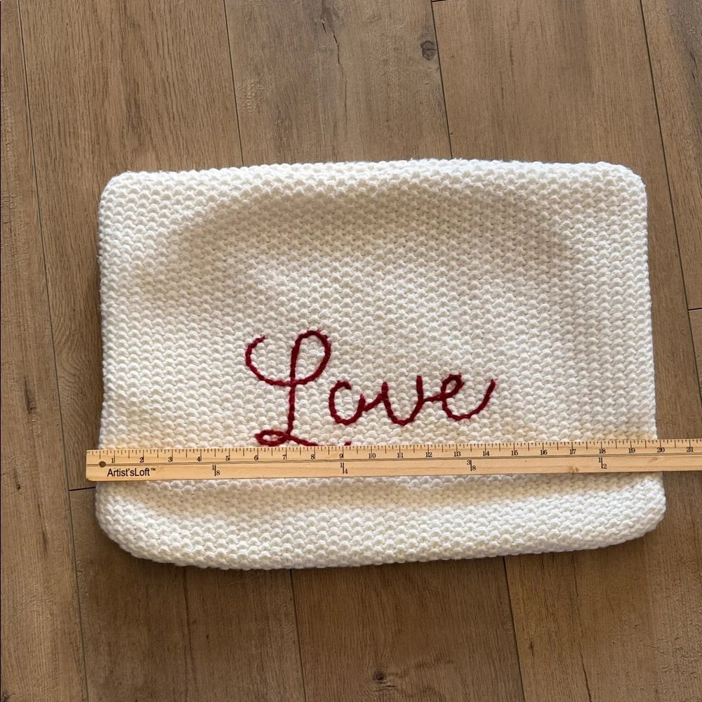 Pottery Barn White Knitted Pillow Cover with Red 'Love' Embroidery 20